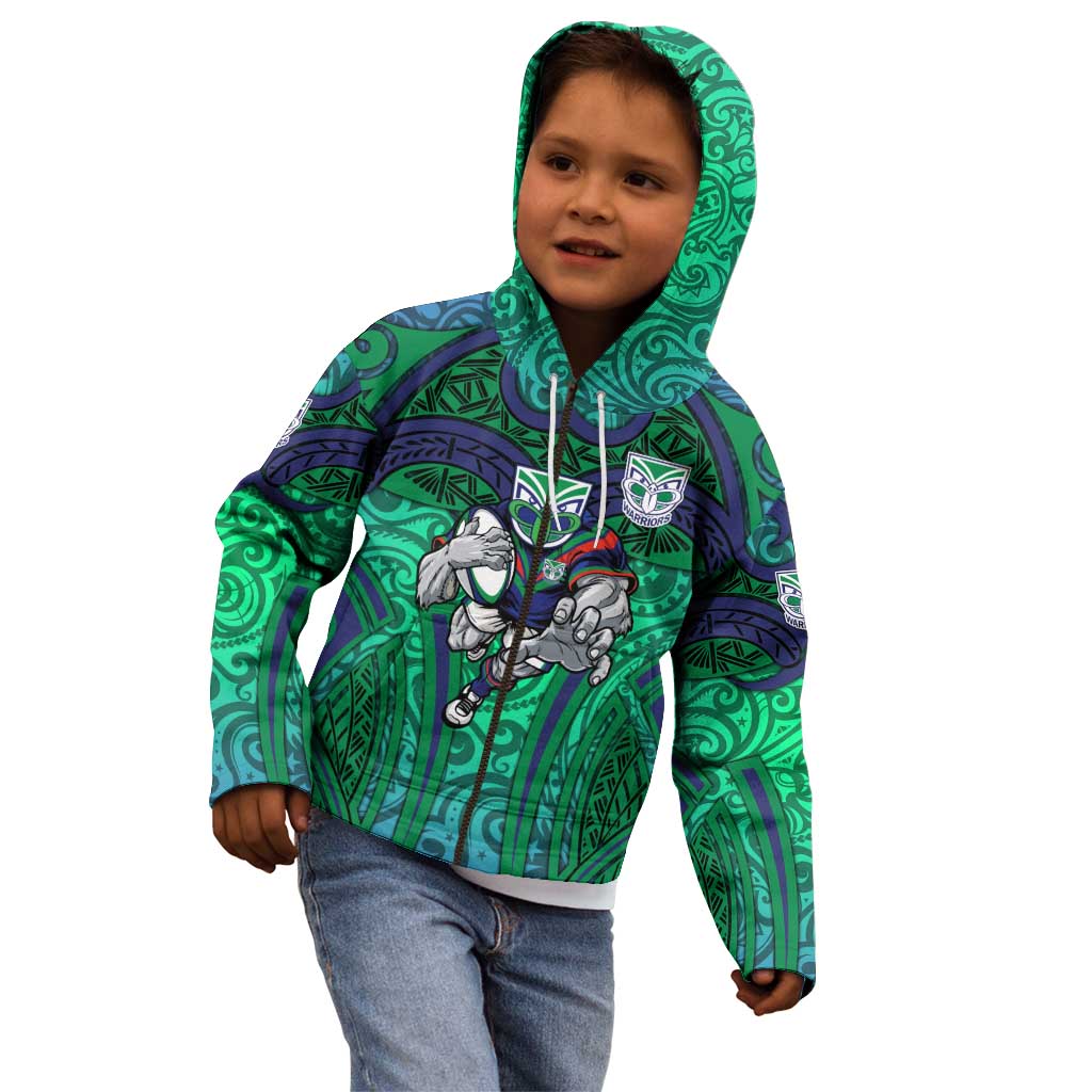 New Zealand Warriors Rugby Kid Hoodie Polynesian Tribal Warrior Mask Green Blue Pattern