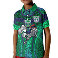 New Zealand Warriors Rugby Kid Polo Shirt Polynesian Tribal Warrior Mask Green Blue Pattern