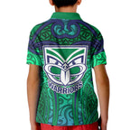 New Zealand Warriors Rugby Kid Polo Shirt Polynesian Tribal Warrior Mask Green Blue Pattern