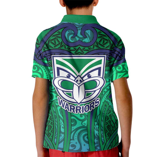 New Zealand Warriors Rugby Kid Polo Shirt Polynesian Tribal Warrior Mask Green Blue Pattern