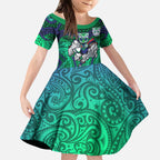 New Zealand Warriors Rugby Kid Short Sleeve Dress Polynesian Tribal Warrior Mask Green Blue Pattern