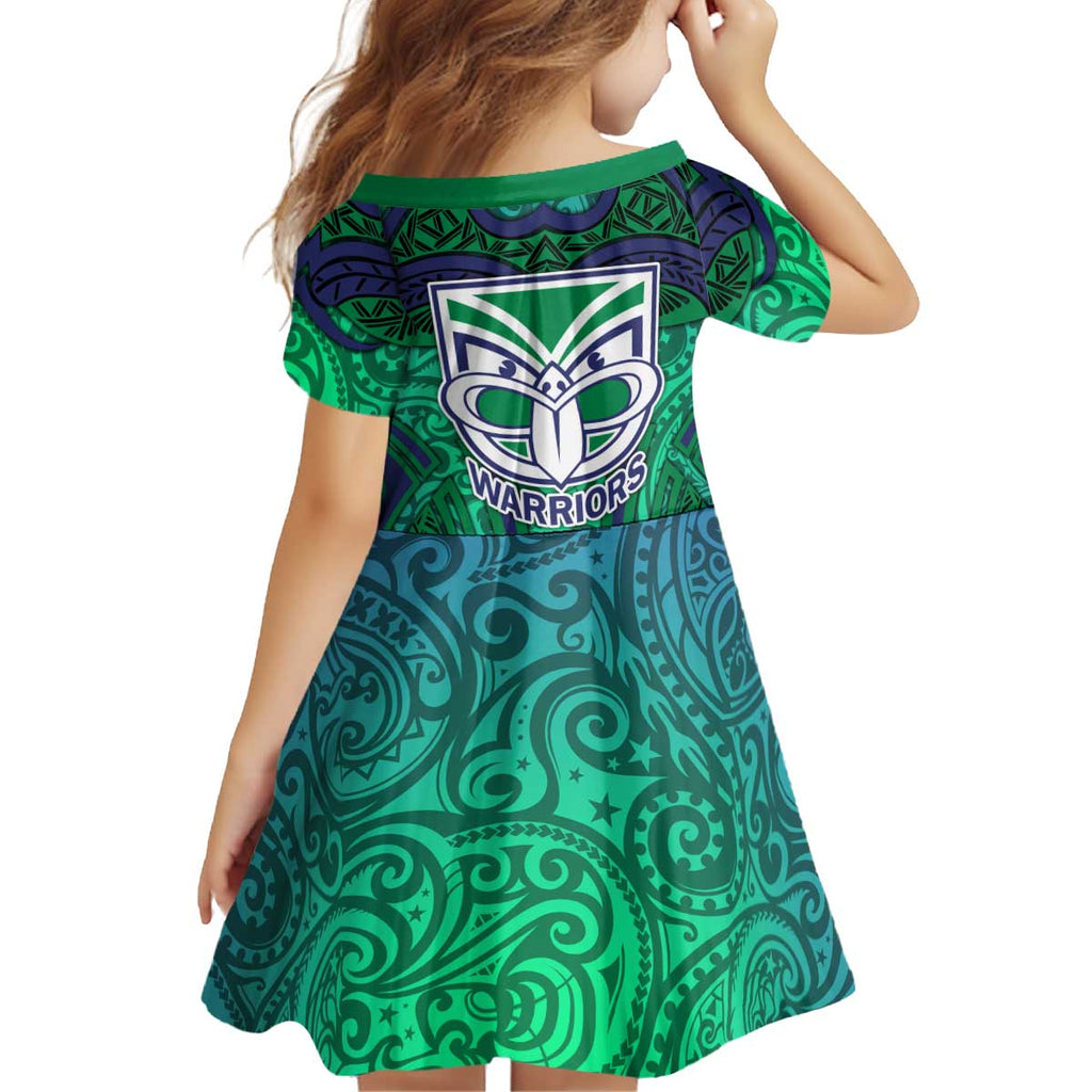 New Zealand Warriors Rugby Kid Short Sleeve Dress Polynesian Tribal Warrior Mask Green Blue Pattern