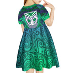 New Zealand Warriors Rugby Kid Short Sleeve Dress Polynesian Tribal Warrior Mask Green Blue Pattern