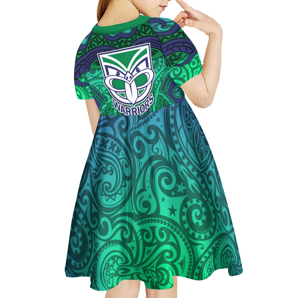 New Zealand Warriors Rugby Kid Short Sleeve Dress Polynesian Tribal Warrior Mask Green Blue Pattern