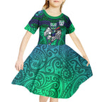 New Zealand Warriors Rugby Kid Short Sleeve Dress Polynesian Tribal Warrior Mask Green Blue Pattern