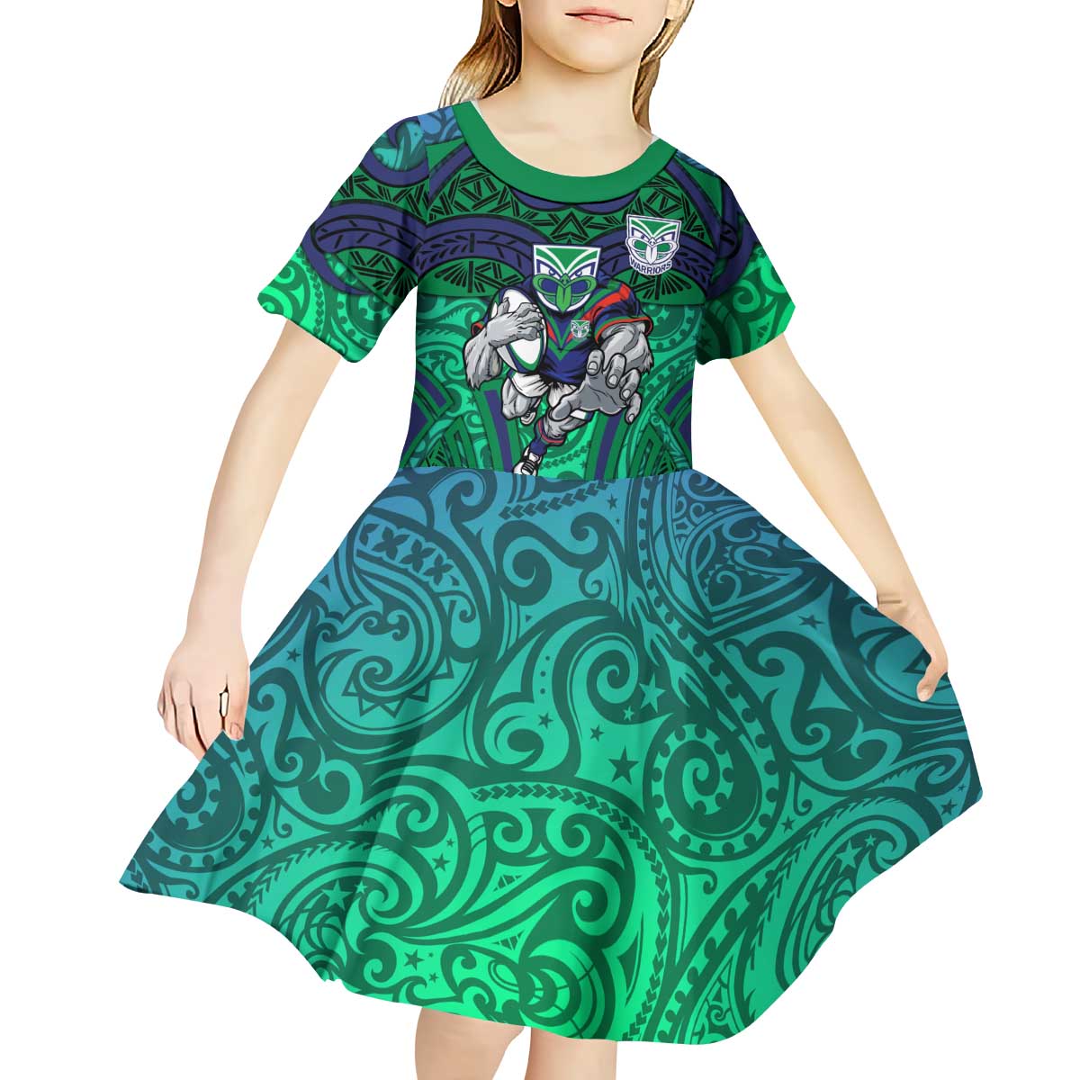 New Zealand Warriors Rugby Kid Short Sleeve Dress Polynesian Tribal Warrior Mask Green Blue Pattern