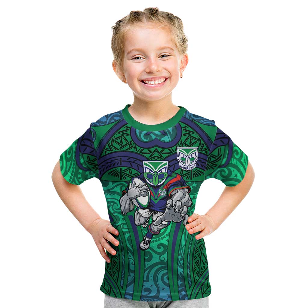 New Zealand Warriors Rugby Kid T Shirt Polynesian Tribal Warrior Mask Green Blue Pattern