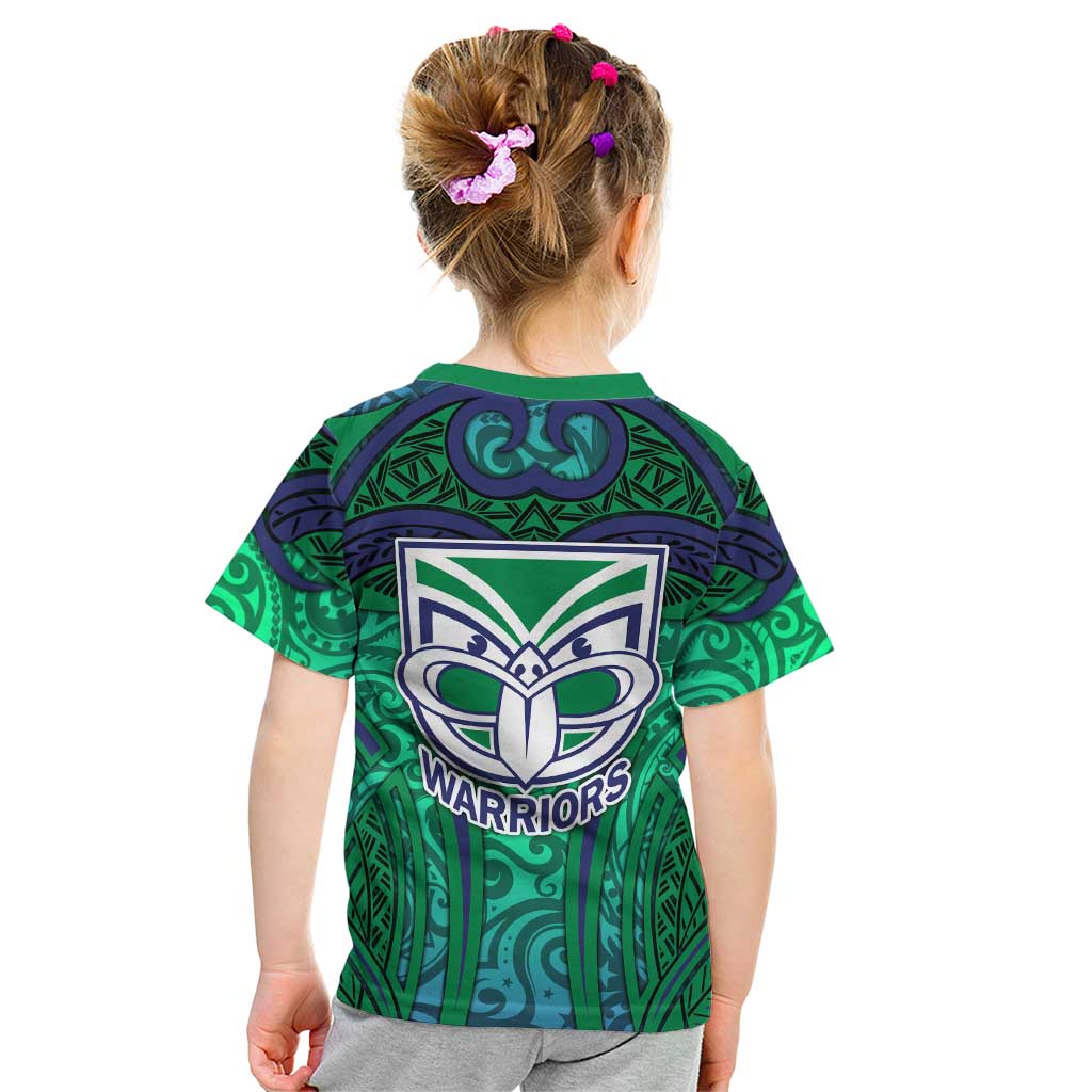 New Zealand Warriors Rugby Kid T Shirt Polynesian Tribal Warrior Mask Green Blue Pattern