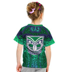 New Zealand Warriors Rugby Kid T Shirt Polynesian Tribal Warrior Mask Green Blue Pattern