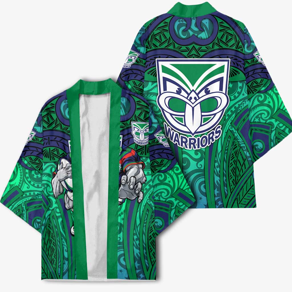 New Zealand Warriors Rugby Kimono Polynesian Tribal Warrior Mask Green Blue Pattern