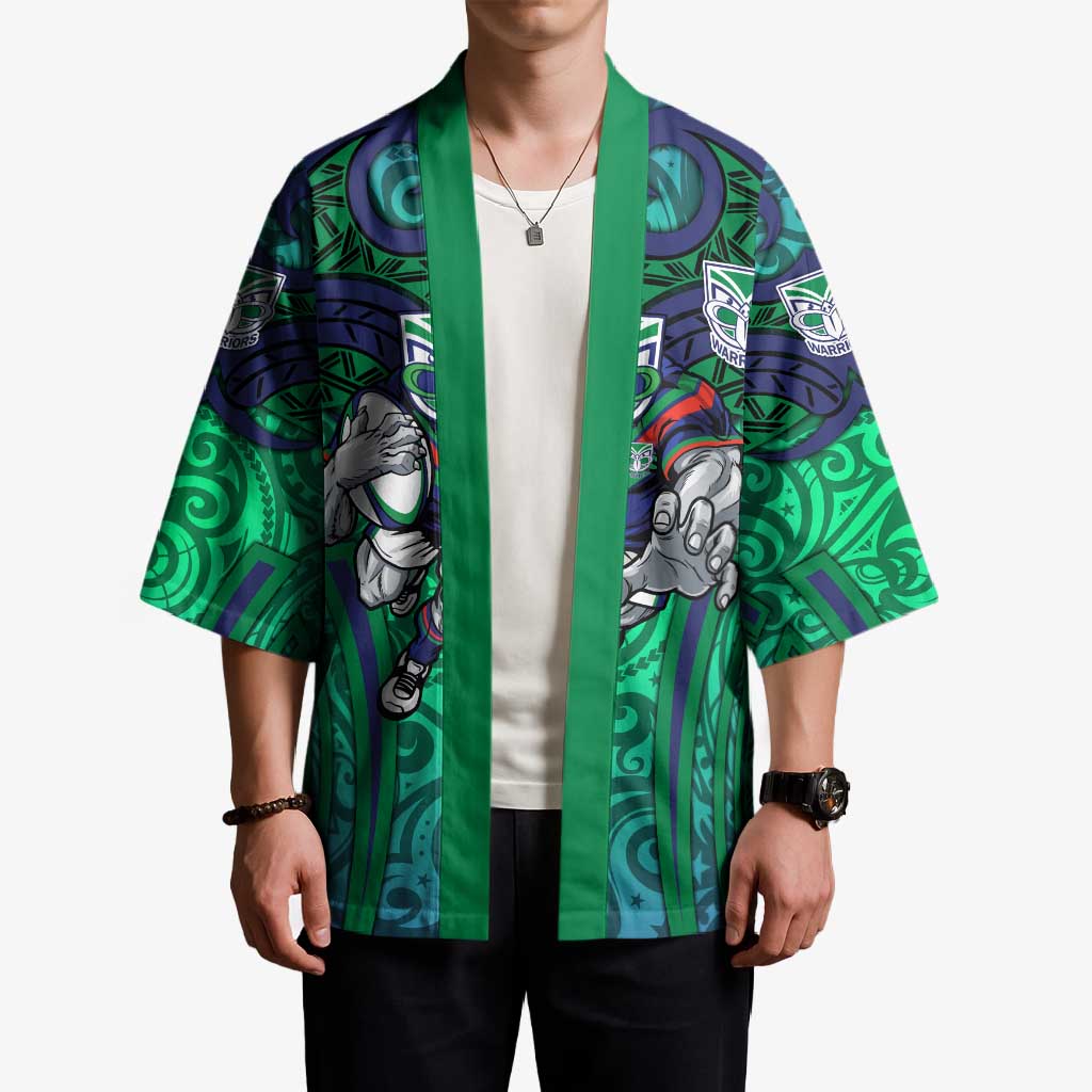 New Zealand Warriors Rugby Kimono Polynesian Tribal Warrior Mask Green Blue Pattern