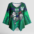 New Zealand Warriors Rugby Kimono Sleeve Blouse Polynesian Tribal Warrior Mask Green Blue Pattern