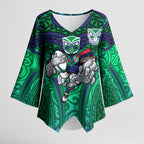 New Zealand Warriors Rugby Kimono Sleeve Blouse Polynesian Tribal Warrior Mask Green Blue Pattern