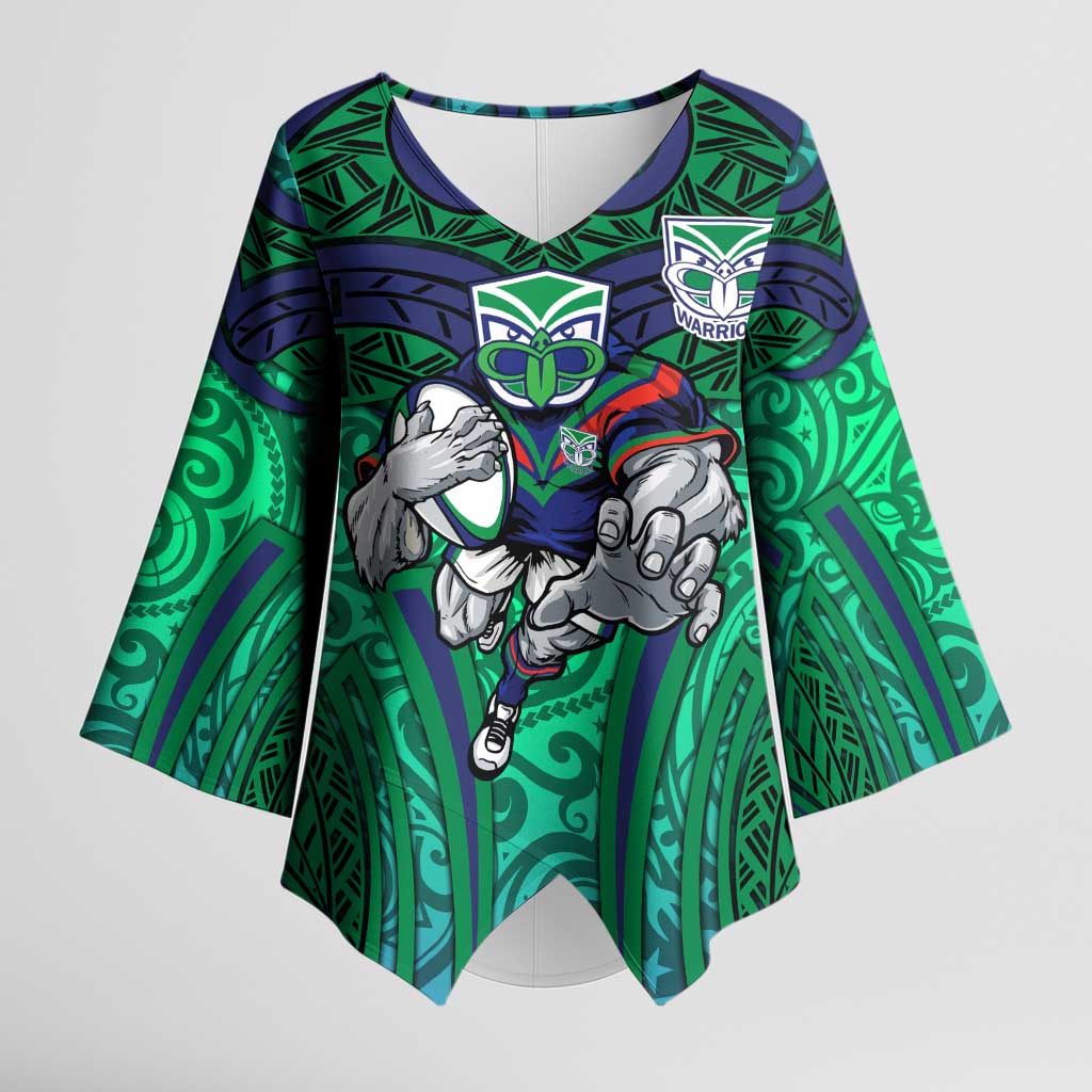 New Zealand Warriors Rugby Kimono Sleeve Blouse Polynesian Tribal Warrior Mask Green Blue Pattern