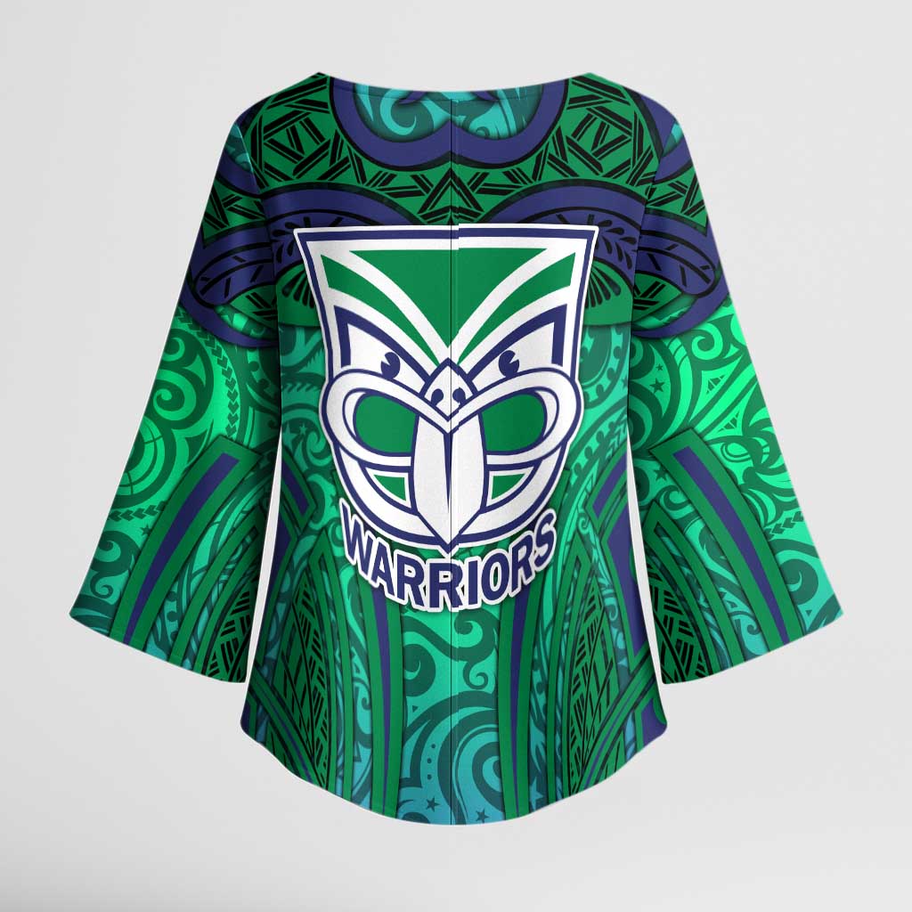 New Zealand Warriors Rugby Kimono Sleeve Blouse Polynesian Tribal Warrior Mask Green Blue Pattern