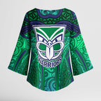 New Zealand Warriors Rugby Kimono Sleeve Blouse Polynesian Tribal Warrior Mask Green Blue Pattern