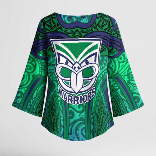 New Zealand Warriors Rugby Kimono Sleeve Blouse Polynesian Tribal Warrior Mask Green Blue Pattern