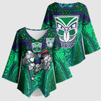 New Zealand Warriors Rugby Kimono Sleeve Blouse Polynesian Tribal Warrior Mask Green Blue Pattern
