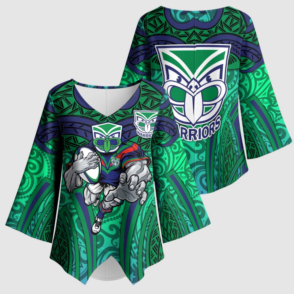 New Zealand Warriors Rugby Kimono Sleeve Blouse Polynesian Tribal Warrior Mask Green Blue Pattern