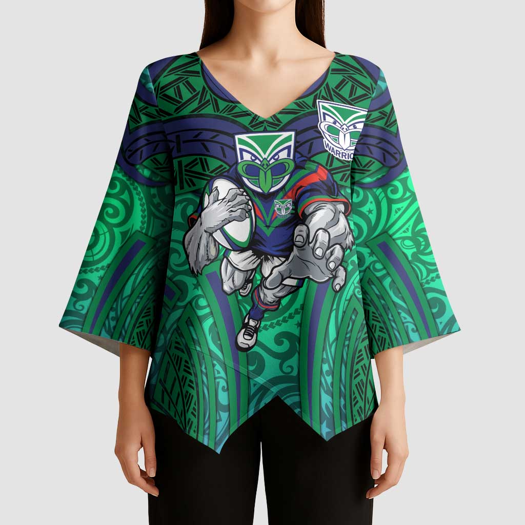New Zealand Warriors Rugby Kimono Sleeve Blouse Polynesian Tribal Warrior Mask Green Blue Pattern