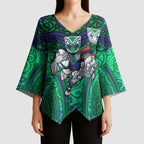 New Zealand Warriors Rugby Kimono Sleeve Blouse Polynesian Tribal Warrior Mask Green Blue Pattern