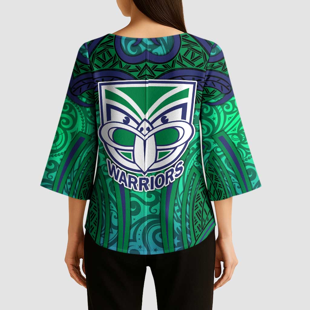 New Zealand Warriors Rugby Kimono Sleeve Blouse Polynesian Tribal Warrior Mask Green Blue Pattern