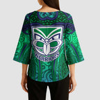 New Zealand Warriors Rugby Kimono Sleeve Blouse Polynesian Tribal Warrior Mask Green Blue Pattern