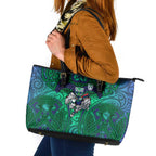 New Zealand Warriors Rugby Leather Tote Bag Polynesian Tribal Warrior Mask Green Blue Pattern