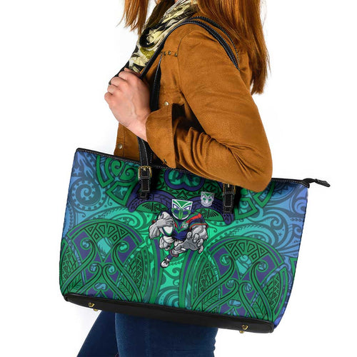 New Zealand Warriors Rugby Leather Tote Bag Polynesian Tribal Warrior Mask Green Blue Pattern