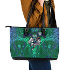New Zealand Warriors Rugby Leather Tote Bag Polynesian Tribal Warrior Mask Green Blue Pattern