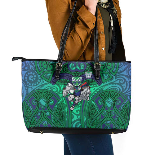 New Zealand Warriors Rugby Leather Tote Bag Polynesian Tribal Warrior Mask Green Blue Pattern