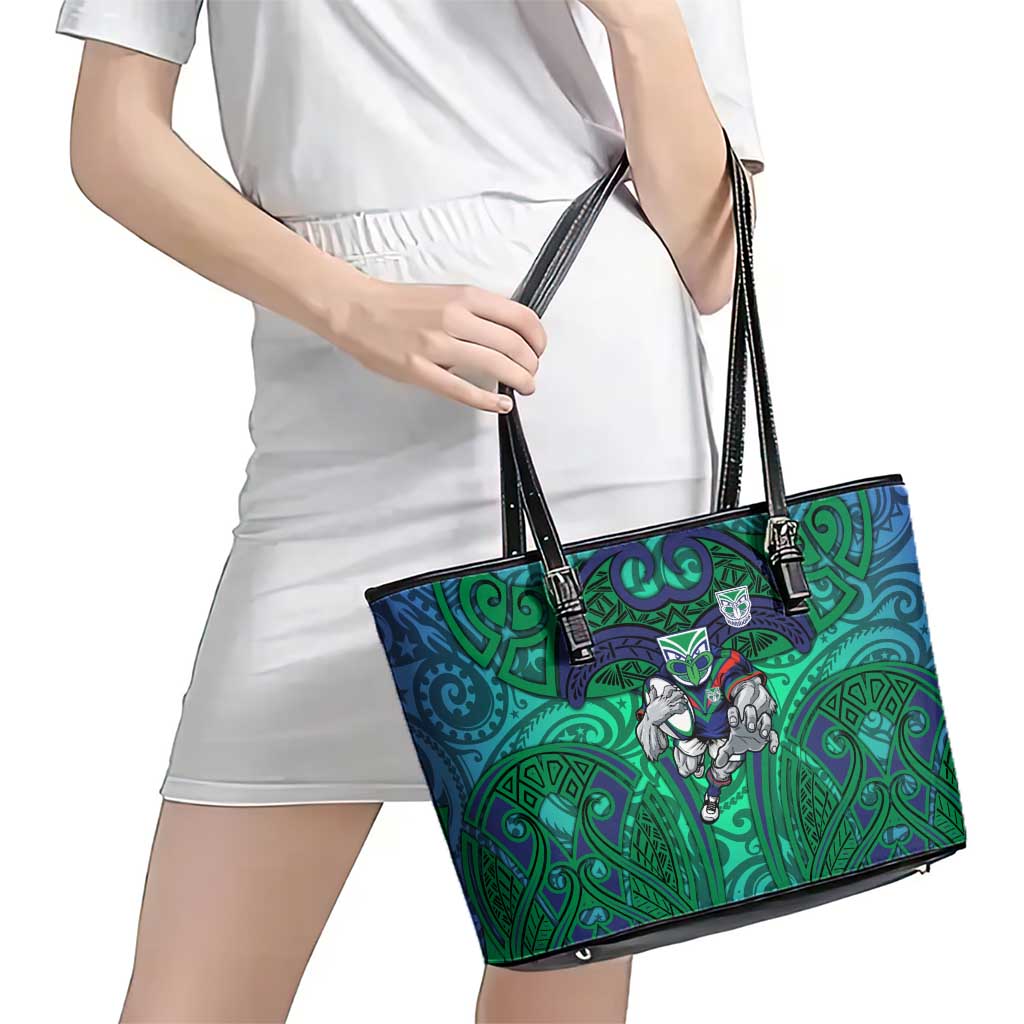 New Zealand Warriors Rugby Leather Tote Bag Polynesian Tribal Warrior Mask Green Blue Pattern