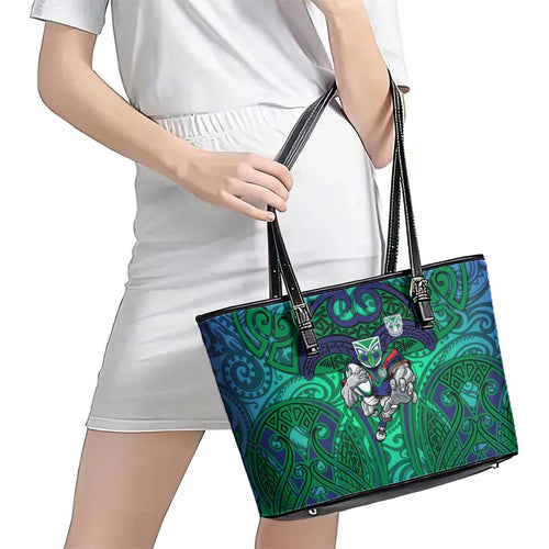New Zealand Warriors Rugby Leather Tote Bag Polynesian Tribal Warrior Mask Green Blue Pattern