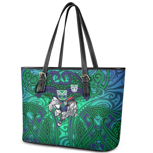 New Zealand Warriors Rugby Leather Tote Bag Polynesian Tribal Warrior Mask Green Blue Pattern