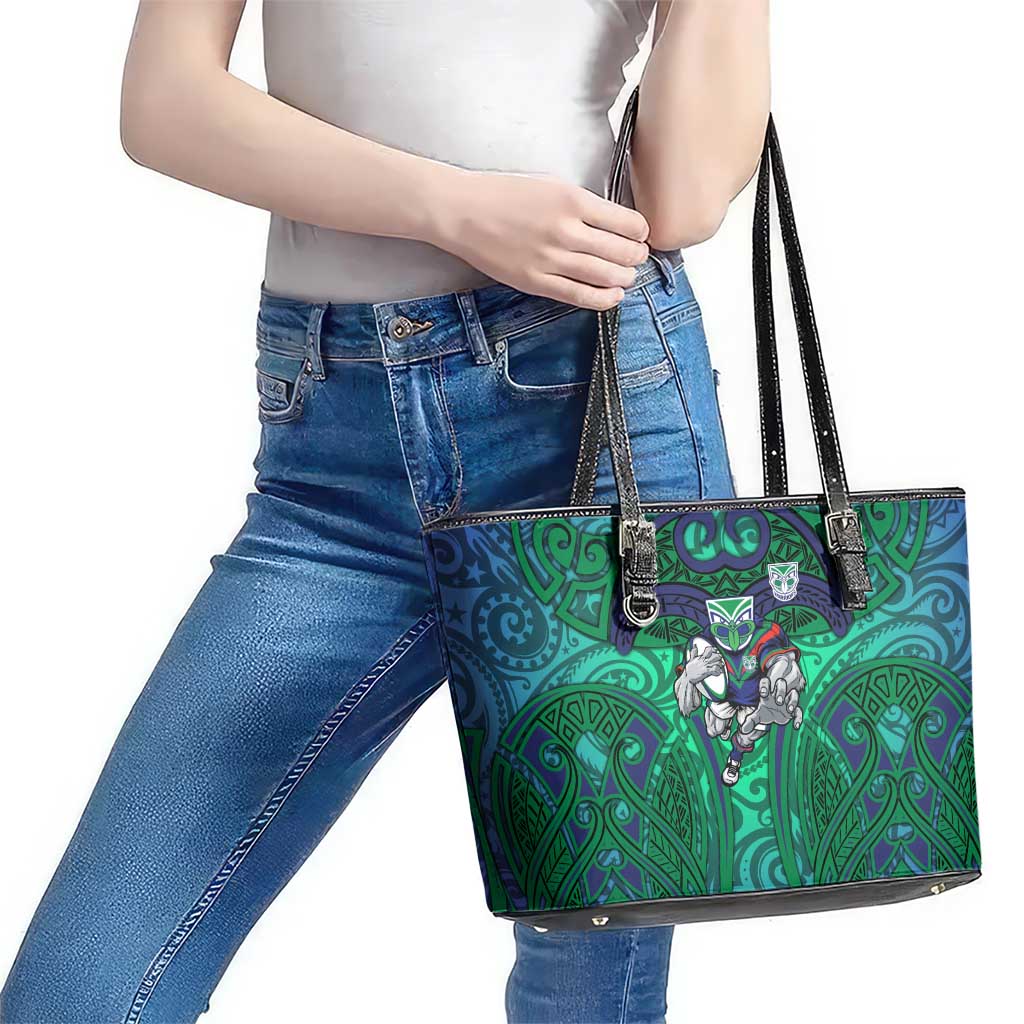 New Zealand Warriors Rugby Leather Tote Bag Polynesian Tribal Warrior Mask Green Blue Pattern