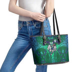 New Zealand Warriors Rugby Leather Tote Bag Polynesian Tribal Warrior Mask Green Blue Pattern