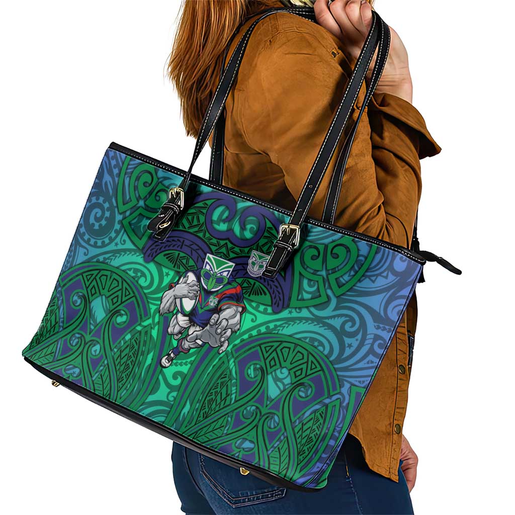 New Zealand Warriors Rugby Leather Tote Bag Polynesian Tribal Warrior Mask Green Blue Pattern