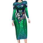New Zealand Warriors Rugby Long Sleeve Bodycon Dress Polynesian Tribal Warrior Mask Green Blue Pattern