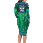 New Zealand Warriors Rugby Long Sleeve Bodycon Dress Polynesian Tribal Warrior Mask Green Blue Pattern