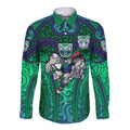 New Zealand Warriors Rugby Long Sleeve Button Shirt Polynesian Tribal Warrior Mask Green Blue Pattern
