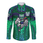 New Zealand Warriors Rugby Long Sleeve Button Shirt Polynesian Tribal Warrior Mask Green Blue Pattern