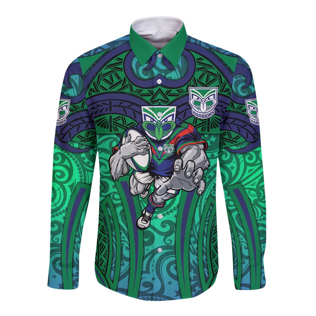 New Zealand Warriors Rugby Long Sleeve Button Shirt Polynesian Tribal Warrior Mask Green Blue Pattern