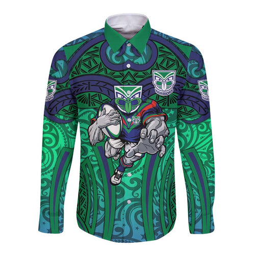 New Zealand Warriors Rugby Long Sleeve Button Shirt Polynesian Tribal Warrior Mask Green Blue Pattern