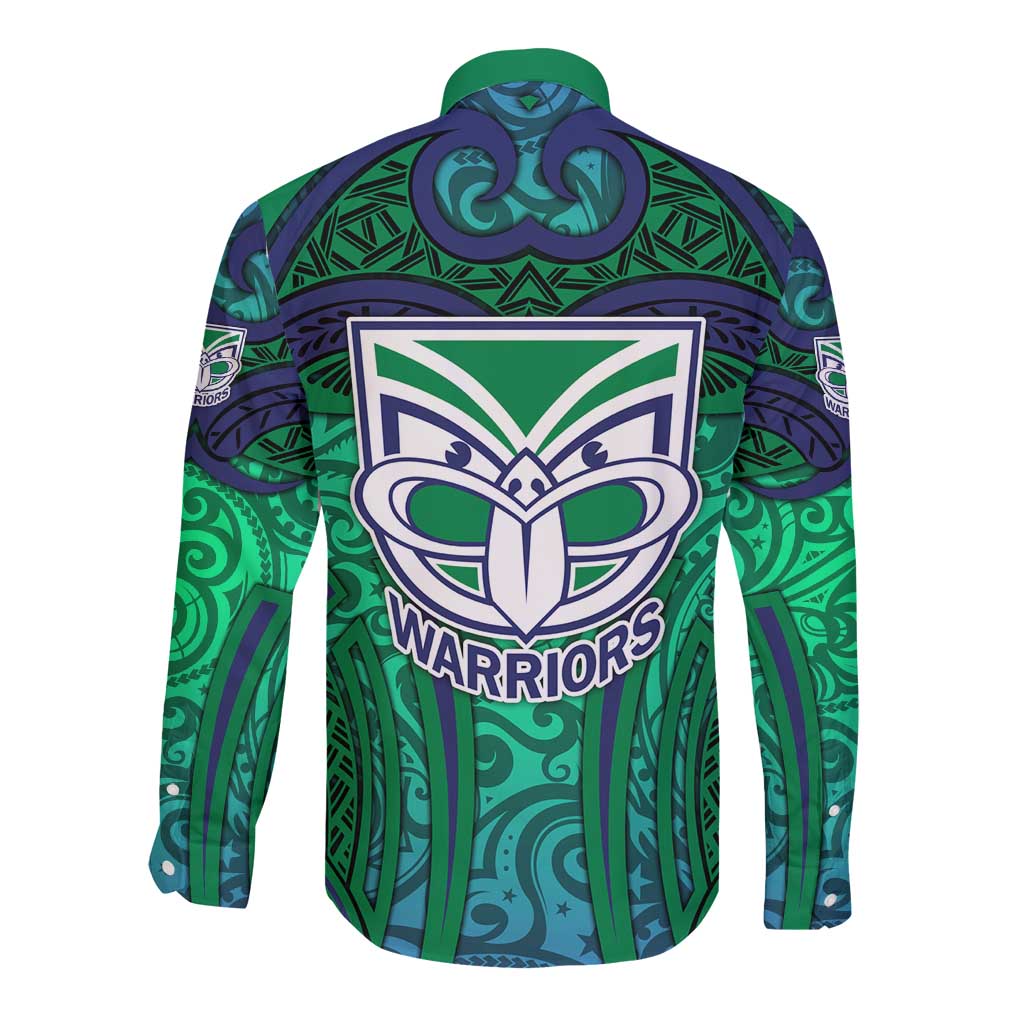 New Zealand Warriors Rugby Long Sleeve Button Shirt Polynesian Tribal Warrior Mask Green Blue Pattern