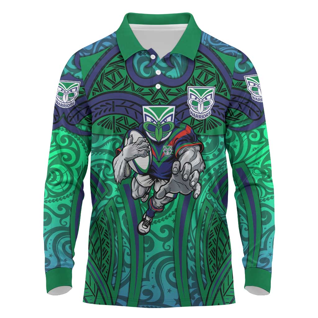 New Zealand Warriors Rugby Long Sleeve Polo Shirt Polynesian Tribal Warrior Mask Green Blue Pattern