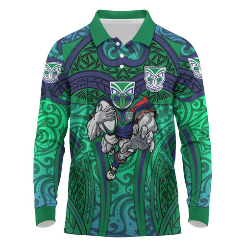 New Zealand Warriors Rugby Long Sleeve Polo Shirt Polynesian Tribal Warrior Mask Green Blue Pattern