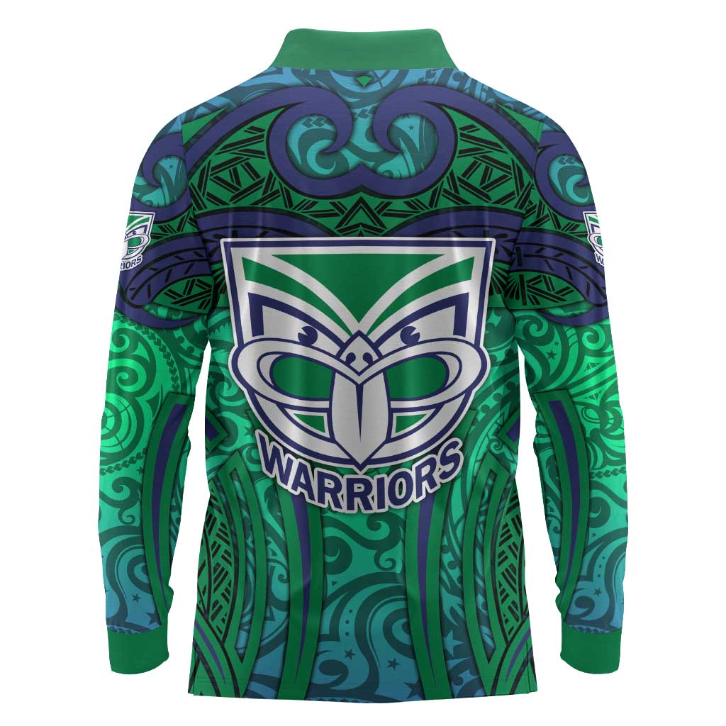 New Zealand Warriors Rugby Long Sleeve Polo Shirt Polynesian Tribal Warrior Mask Green Blue Pattern