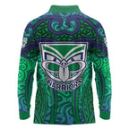 New Zealand Warriors Rugby Long Sleeve Polo Shirt Polynesian Tribal Warrior Mask Green Blue Pattern