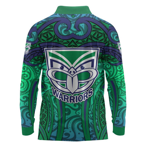 New Zealand Warriors Rugby Long Sleeve Polo Shirt Polynesian Tribal Warrior Mask Green Blue Pattern