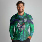 New Zealand Warriors Rugby Long Sleeve Polo Shirt Polynesian Tribal Warrior Mask Green Blue Pattern